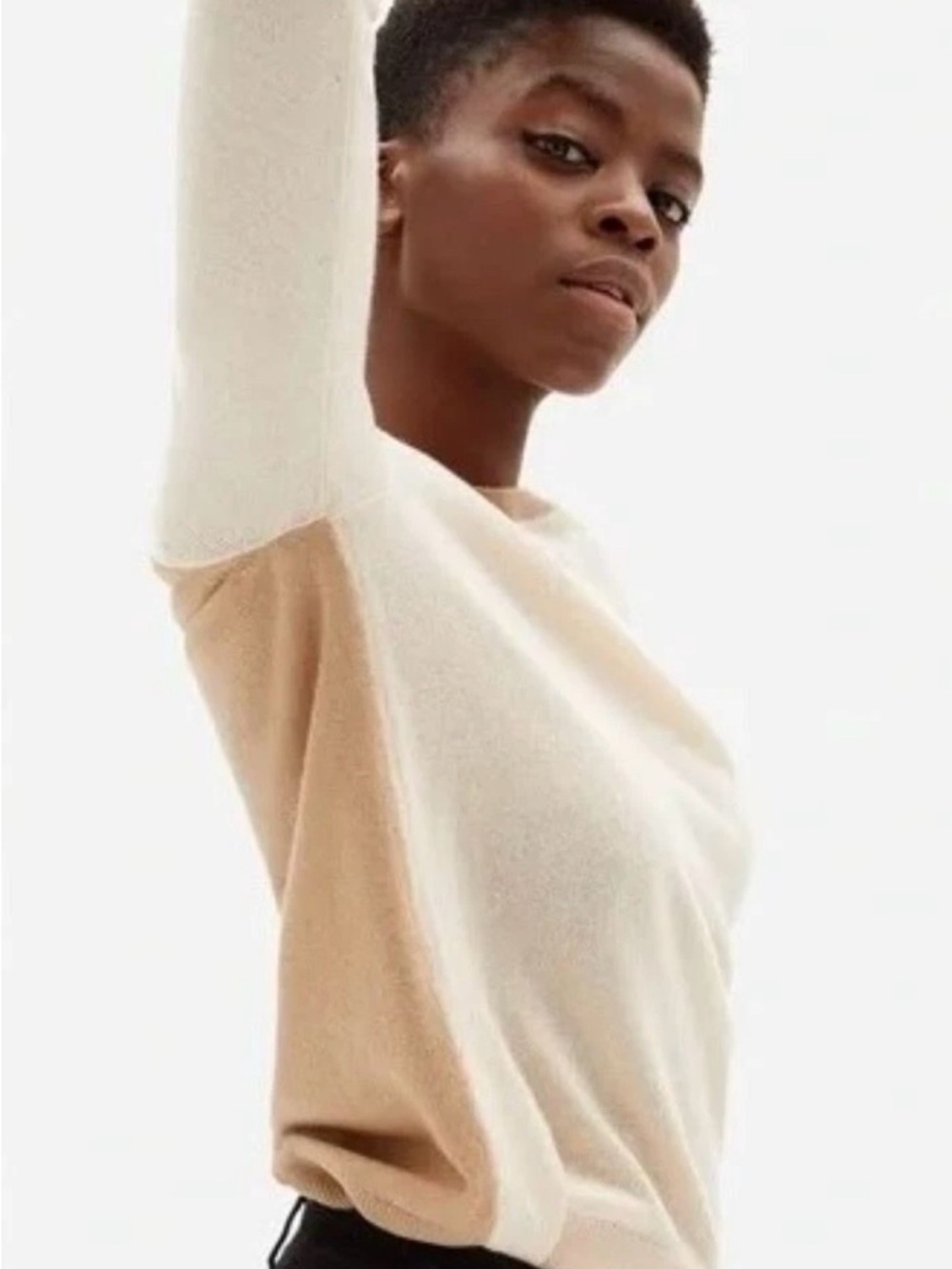 Everlane Cream and Tan Two-Tone Slim Crew Cashmere Sweater